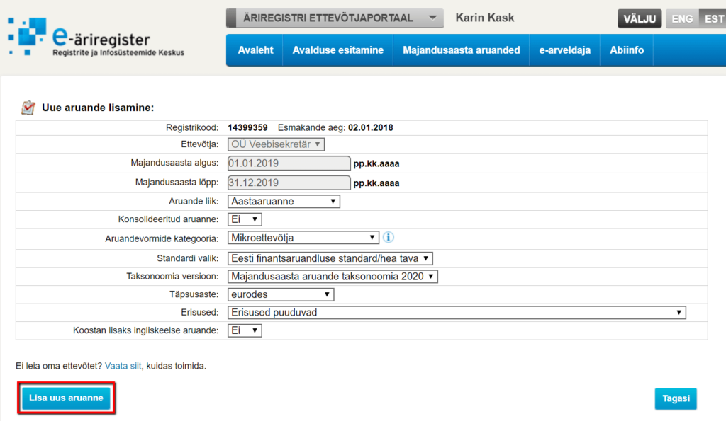 mikroettevõtte aastaaruande koostamine lisa uus aruanne